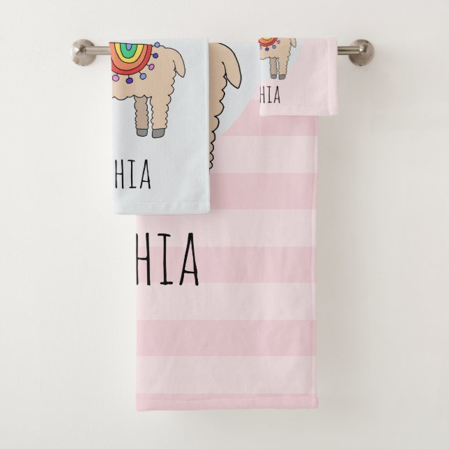 Girls Cute Rainbow Llama Cartoon and Name Kids Bath Towel Set (Insitu)