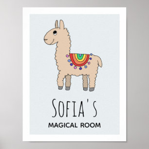 Girls Cute Rainbow Llama Cartoon & Name Kids Room Poster