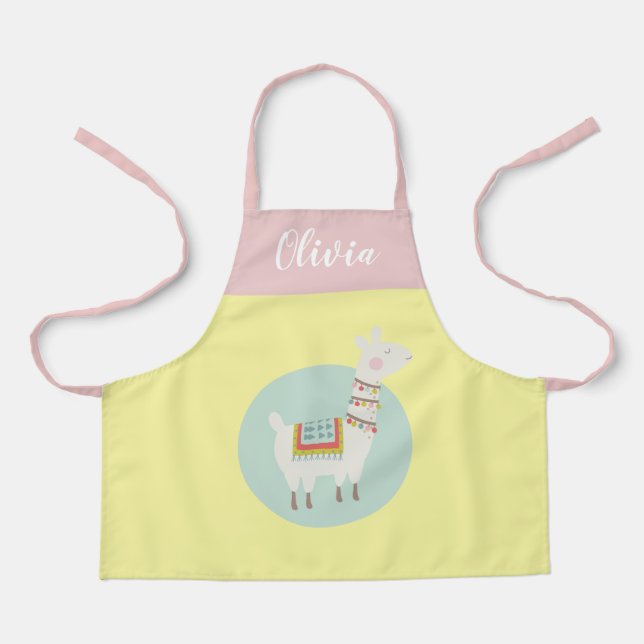 Girls Cute Rainbow Llama Personalised Name Kids Apron (Front)