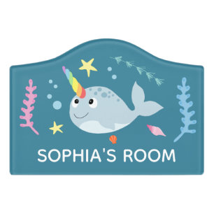 Girls Cute Rainbow Narwhal Cartoon Kids Nursery Door Sign