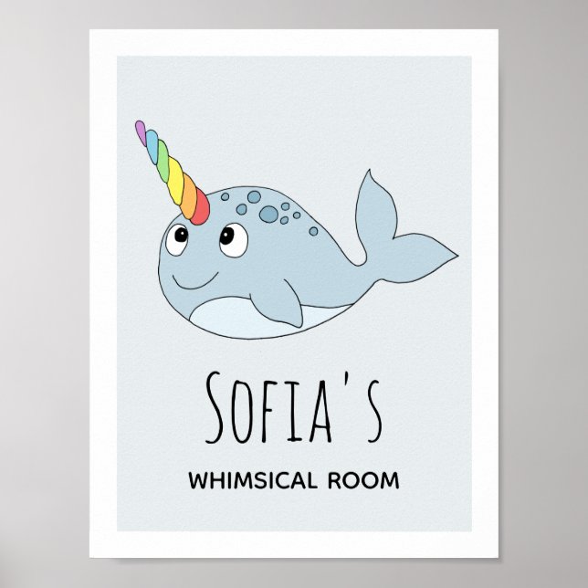 Girls Cute Rainbow Narwhal Cartoon Name Kids Room Poster (Front)