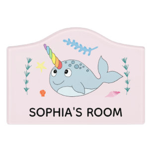 Girls Cute Rainbow Narwhal Kids Nursery Door Sign