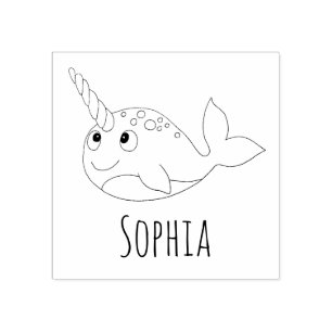 Girls Cute Rainbow Narwhal & Name School Bookplate Rubber Stamp