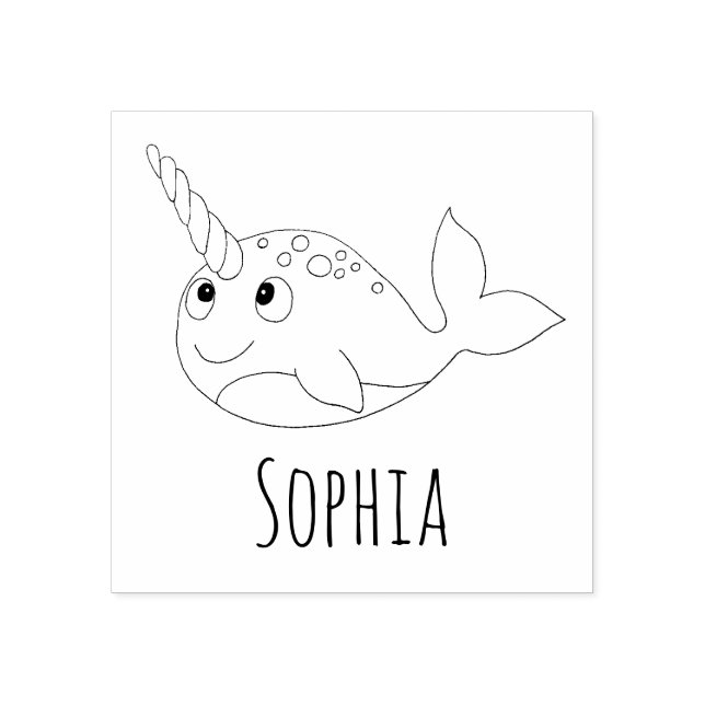 Girls Cute Rainbow Narwhal & Name School Bookplate Rubber Stamp (Imprint)