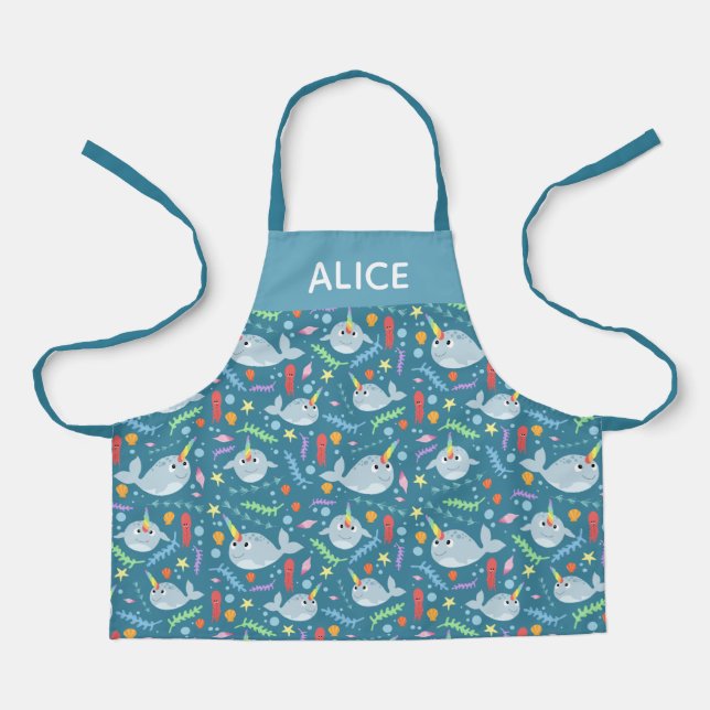 Girls Cute Rainbow Narwhal & Name Turquoise Kids Apron (Front)