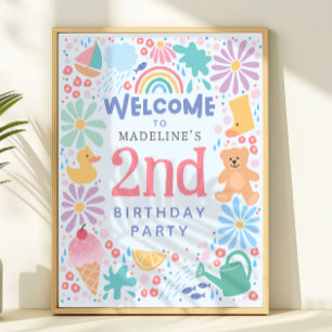 Girls Cute Rainbow Pool 2nd Birthday Welcome Poster