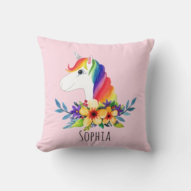 Girls Cute Rainbow Unicorn and Name Kids Cushion (Front)