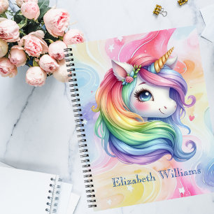 Girls Cute Rainbow Unicorn Custom Name Notebook