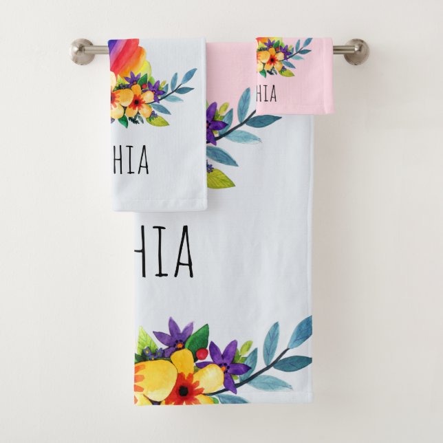 Girls Cute Rainbow Unicorn Flowers and Name Kids Bath Towel Set (Insitu)