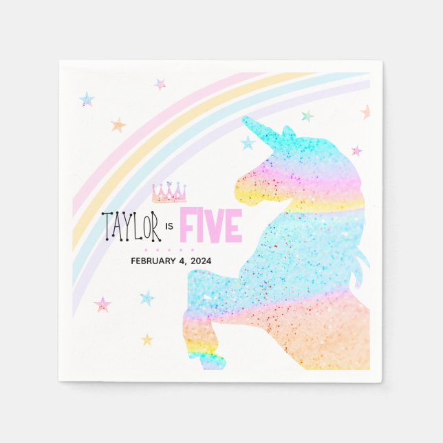 Girls Cute Rainbow Unicorn Kids 5th Birthday Napkin (Front)