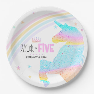 Girls Cute Rainbow Unicorn Kids 5th Birthday Paper Plate