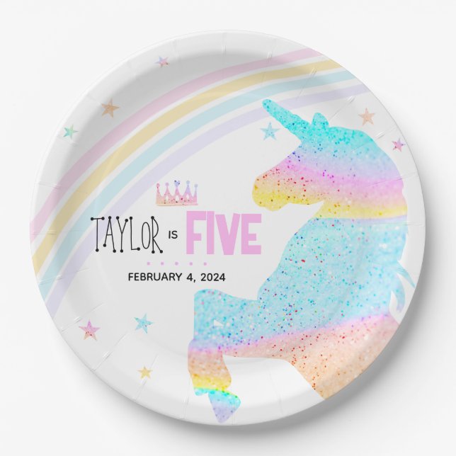 Girls Cute Rainbow Unicorn Kids 5th Birthday Paper Plate (Front)