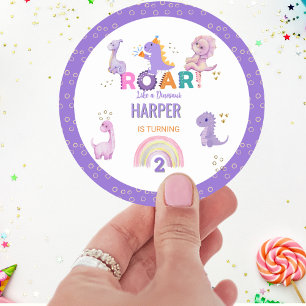 Girls Cute Roar Dinosaur Birthday Party Classic Round Sticker