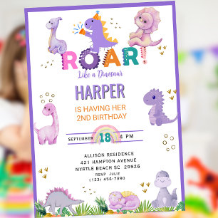 Girls Cute Roar Dinosaur Birthday Party Invitation