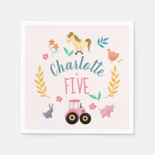 Girls Cute Rustic Pink Farm Animals Kids Birthday Napkin
