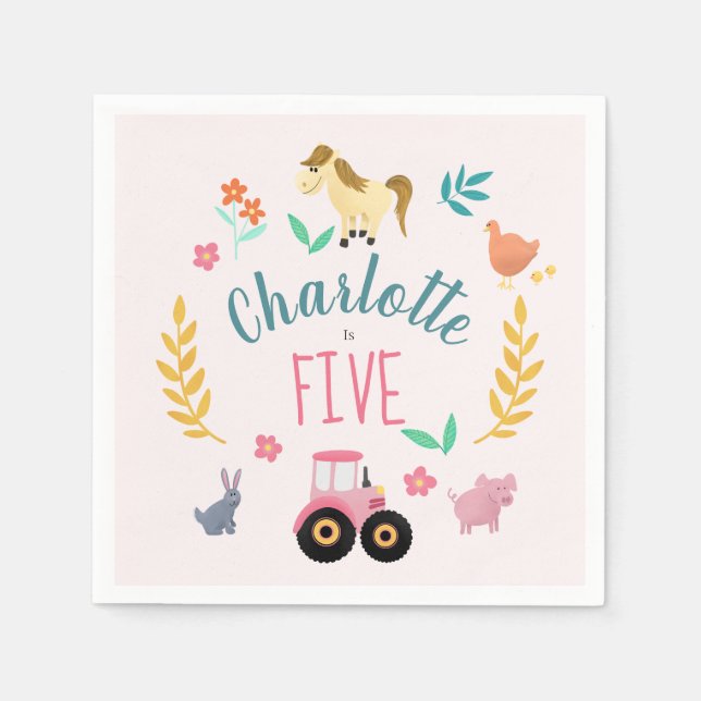 Girls Cute Rustic Pink Farm Animals Kids Birthday Napkin (Front)