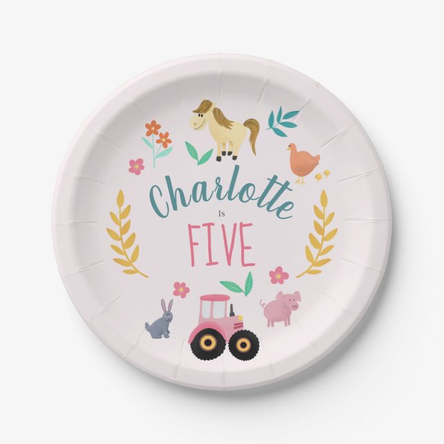 Girls Cute Rustic Pink Farm Animals Kids Birthday Paper Plate (Front)
