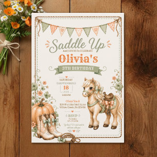 Girls Cute Saddle Up Horse Pumpkin Birthday Invitation