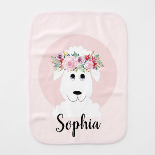 Girls Cute Sheep Watercolor Flowers and Name Burp Cloth