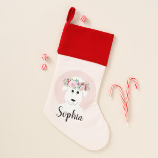 Girls Cute Sheep Watercolor Flowers and Name Christmas Stocking