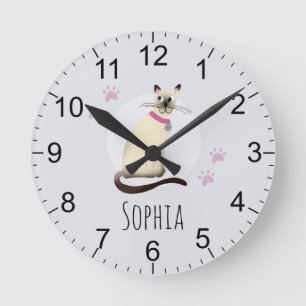 Girls Cute Siamese Cat Cartoon Kids Nursery Round Clock