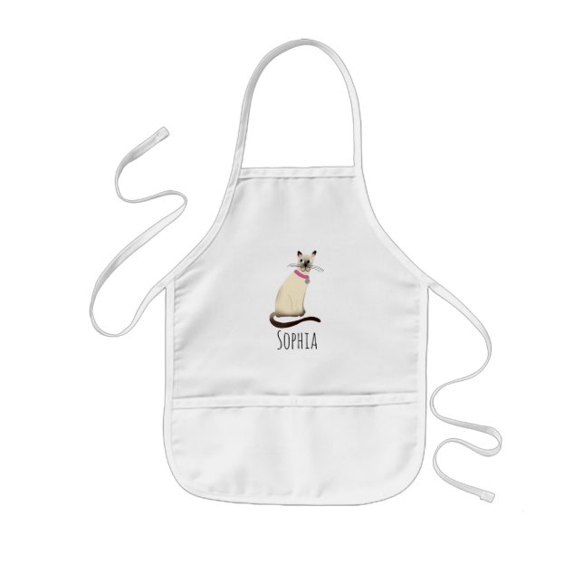 Girls Cute Siamese Cat Cartoon with Name Kids Apron (Front)