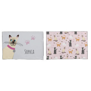 Girls Cute Siamese Cat Paw Prints Name Kids Pillowcase