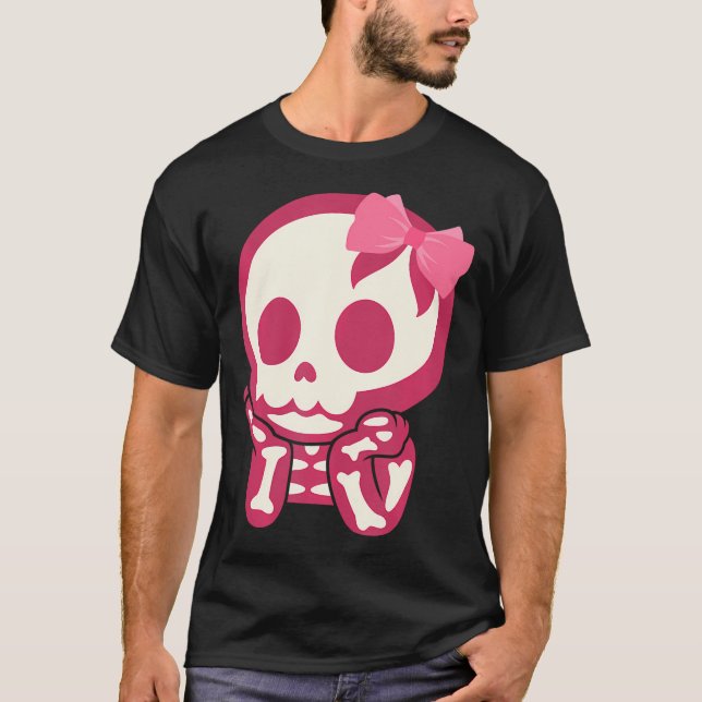 Girls Cute Skull Xray Pink Bow Tie Skeleton T-Shirt (Front)