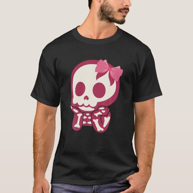 Girls Cute Skull Xray Pink Bow Tie Skeleton T-Shirt (Front)