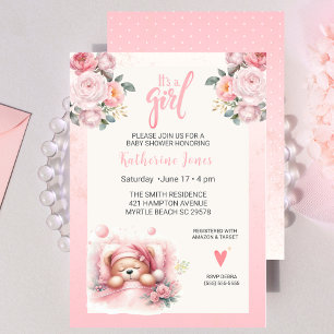 Girls Cute Sleeping Bear Floral Baby Shower   Invitation