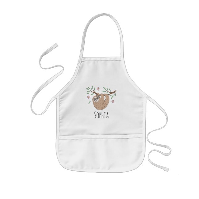 Girls Cute Sleeping Sloth Animal and Name Kids Apron (Front)