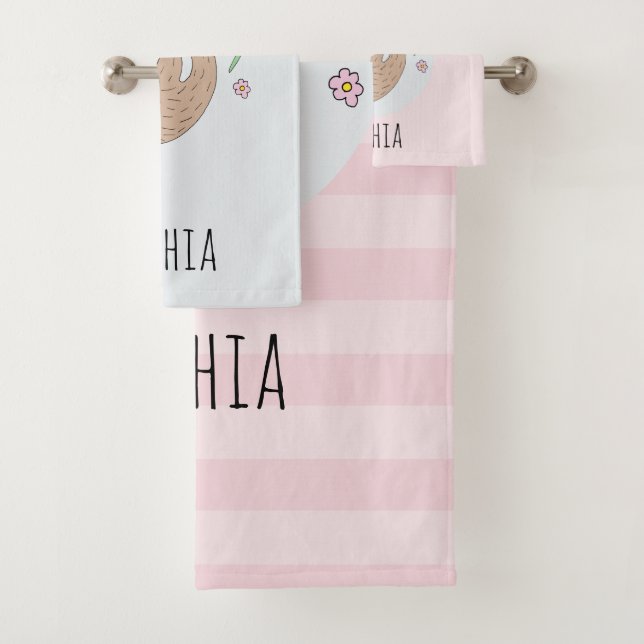 Girls Cute Sleeping Sloth Animal and Name Kids Bath Towel Set (Insitu)