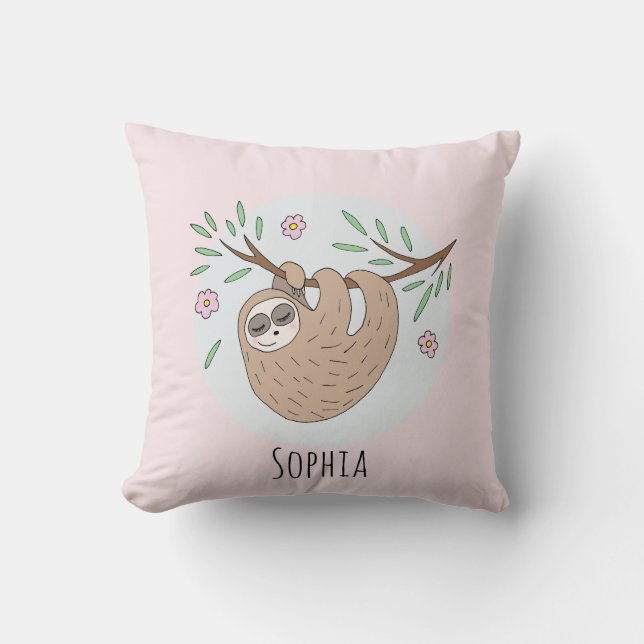 Girls Cute Sleeping Sloth Animal and Name Kids Cushion (Front)