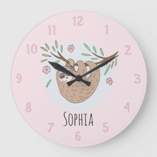 Girls Cute Sleeping Sloth Animal and Name Kids Large Clock