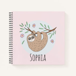 Girls Cute Sleeping Sloth Animal and Name Kids Notebook