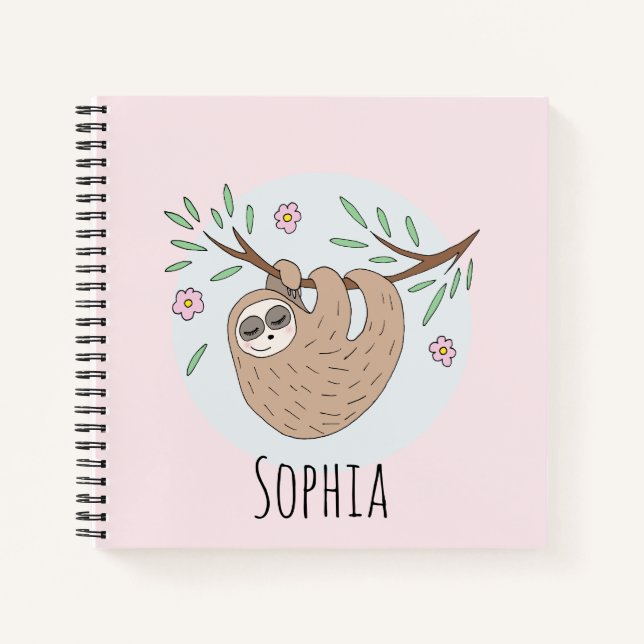 Girls Cute Sleeping Sloth Animal and Name Kids Notebook (Front)