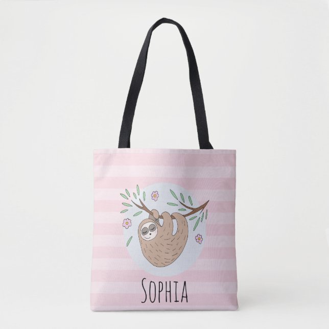 Girls Cute Sleeping Sloth Animal and Name Kids Tote Bag (Front)