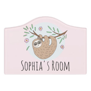 Girls Cute Sleeping Sloth Animal Kids Nursery Door Sign