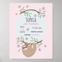 Girls Cute Sleeping Sloth Birth Stats Baby Nursery