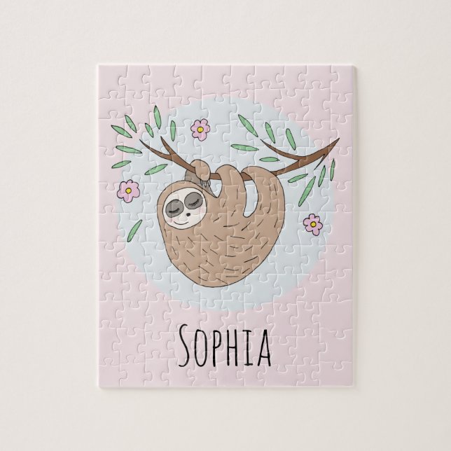 Girls Cute Sleeping Sloth with Name Kids Jigsaw Puzzle (Vertical)