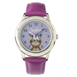 Girls Cute Sloth Watercolor Flowers & Name Kids Watch