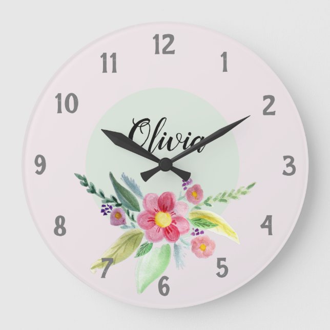 Girls Cute Spring Botanical Flowers and Name Kids Large Clock (Front)