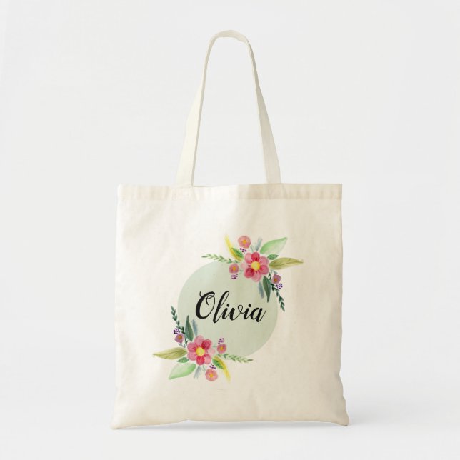 Girls Cute Spring Botanical Flowers and Name Tote Bag (Front)