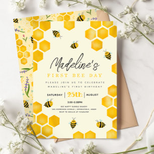 Girls Cute Summer First Bee Day 1st Birthday Invitation