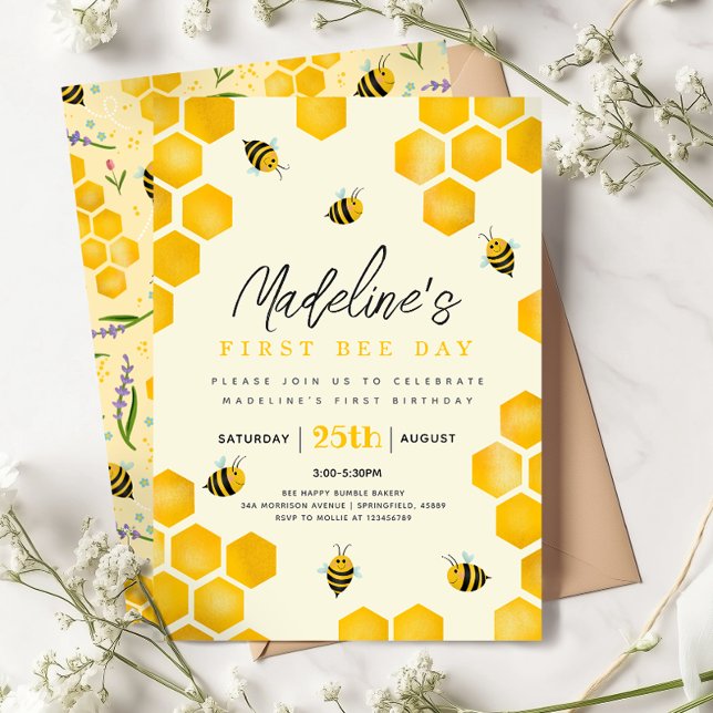 Girls Cute Summer First Bee Day 1st Birthday Invitation (Creator Uploaded)