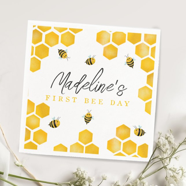 Girls Cute Summer First Bee Day Kids 1st Birthday Napkin (Creator Uploaded)
