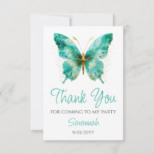 Girls Cute Teal Green Butterfly 1st Birthday Party Thank You Card