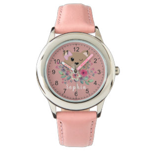 Girls Cute Teddy Bear Blush Pink & Name Kids Watch