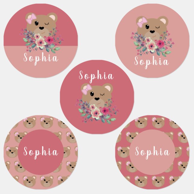 Girls Cute Teddy Bear Pink Name Kids' School (Group)