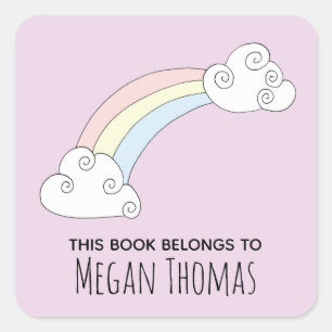 Girl's Cute This Book Belongs Rainbow Name Square Sticker